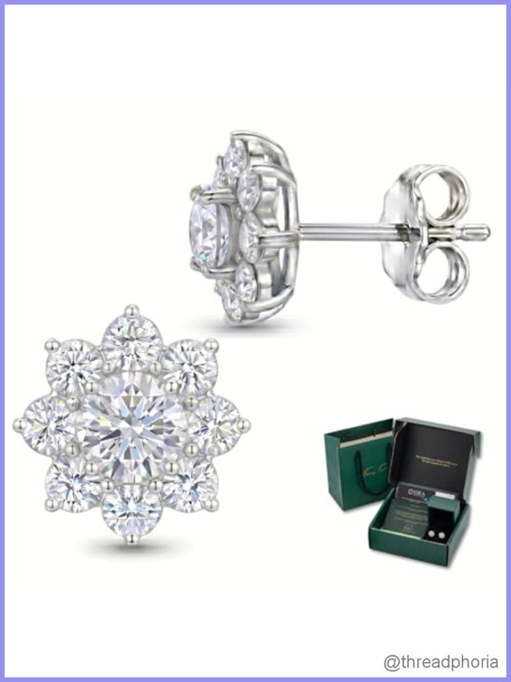 Moissanite Flower Stud Earrings Sterling Silver 18K White Gold Plated